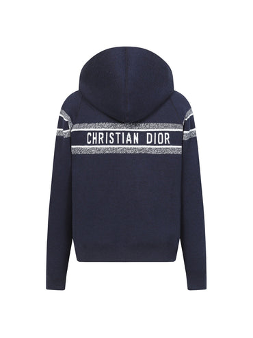 Reversible Blue Cashmere-Blend Hooded Zip Cardigan with Geometric Pattern