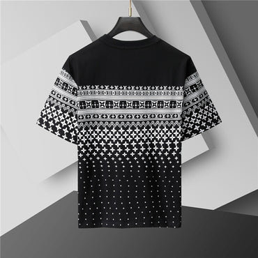 Black t-shirt with white geometric pattern on a gray background