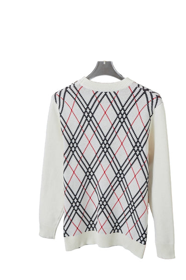 Luxury Argyle Check Knit Pullover – Beige Plaid Pattern Sweater