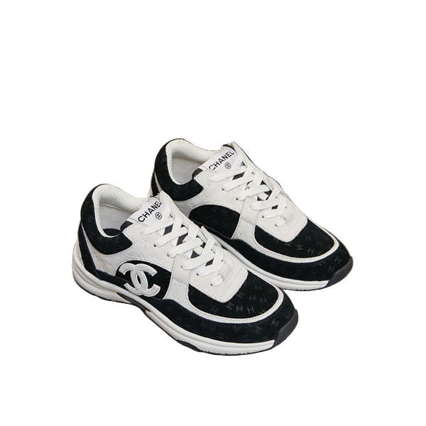 Black & White Suede CC Logo Low Top Lace-Up Trainer Sneakers