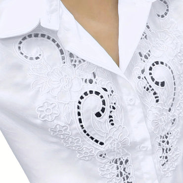 Women’s Contrast Lace Long-Sleeve Button‑Down Blouse