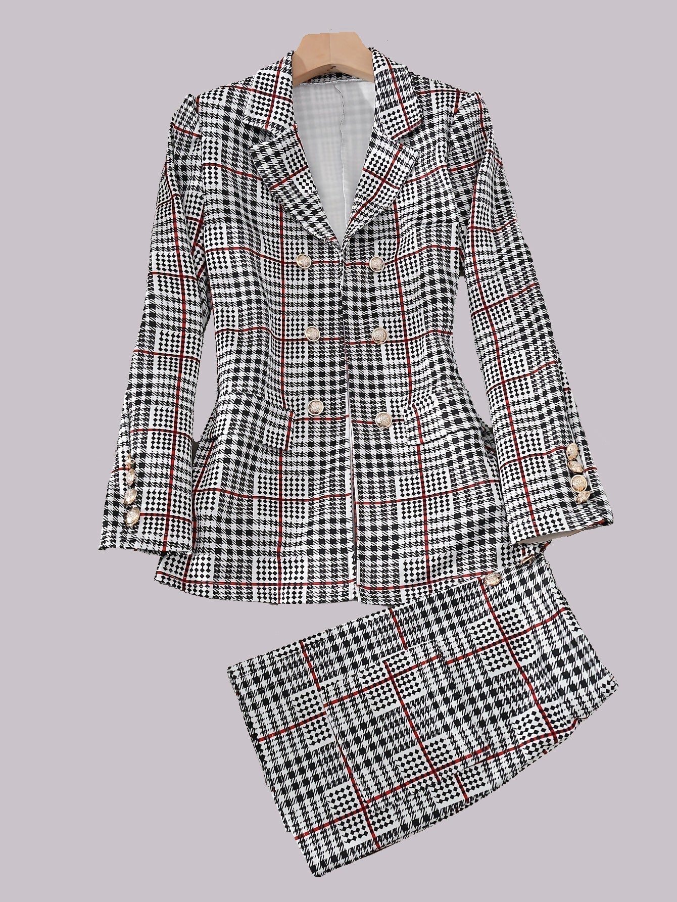 Plus Size Plaid Skirt Suit for Women – Two-Piece Blazer and High Waist Skirt Set