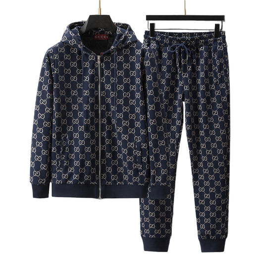 “Black & Beige GG Motif Hooded Zip Jacket with Matching Joggers Style Knit Set”