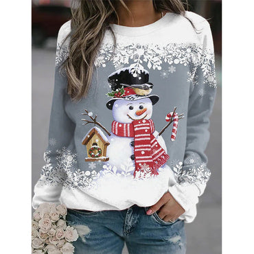Snowman Printed Panel Loose Sweater – Casual Holiday Knit for Women