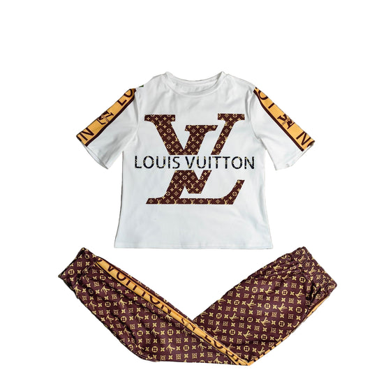 White Graphic T-Shirt & Brown Monogram Joggers – 2-Piece Set - TruVybe Essentials
