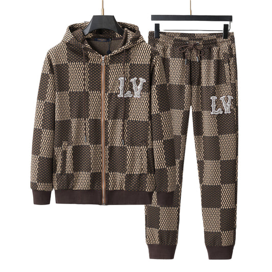 Checkered hoodie and pants set with 'graphic on a gray background