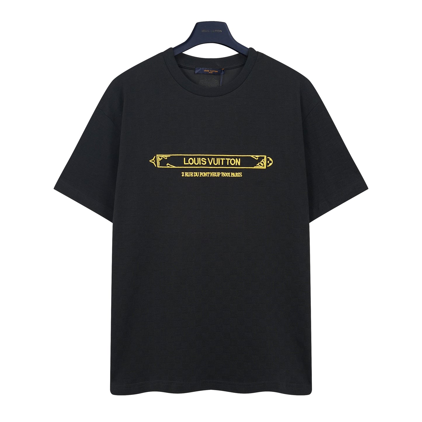 Embellished Damier Piqué T-Shirt – Black Luxury Organic Cotton Tee with Golden Embroidery