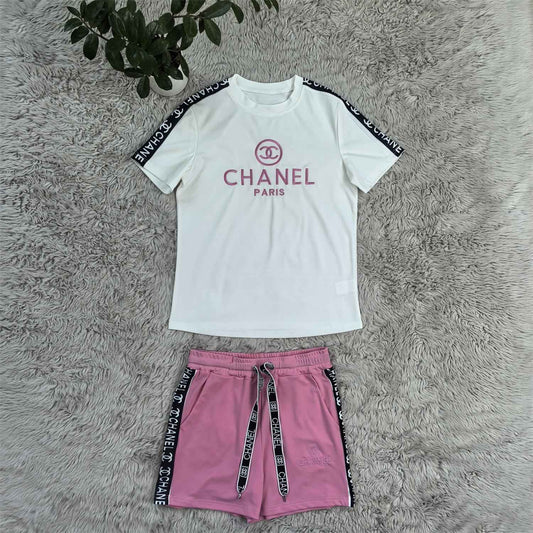 Women's White & Pink Two-Piece Lounge Set – Short Sleeve Tee & Drawstring Shorts