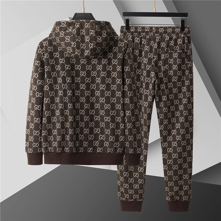 Wool Zip Hoodie – Brown & White Monogram Pattern Edition