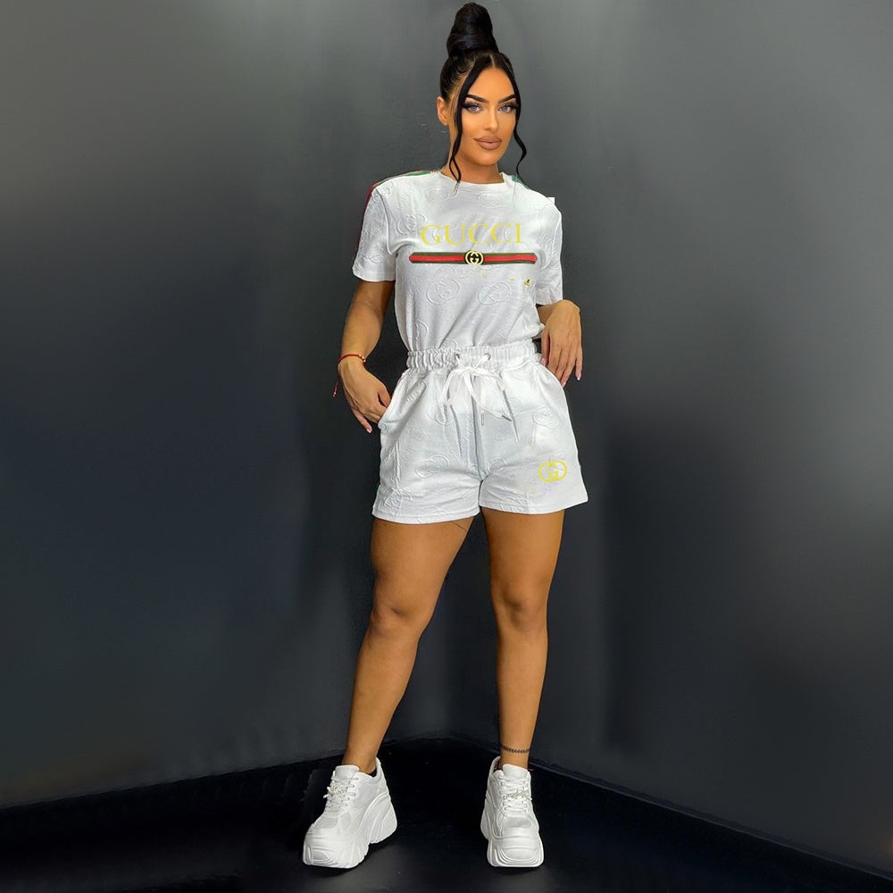 Luxury Vintage-Inspired White Graphic Tee & Shorts Set