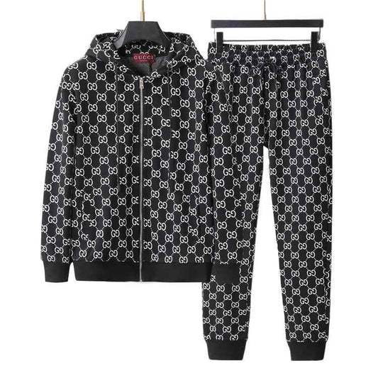 “Black & White GG Motif Hooded Zip Jacket with Matching Joggers — Style Knit Set” - TruVybe Essentials