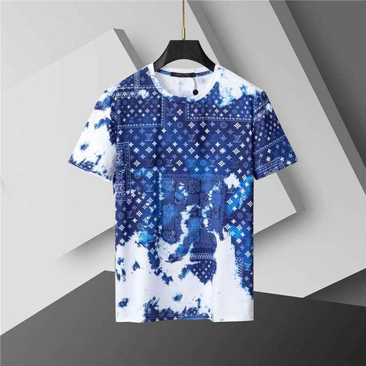 Blue & White Monogram Gradient Cotton Jersey Tee — Fading Motif Design - TruVybe Essentials