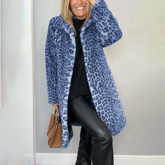 Leopard Print Plush Jacket — Cozy Loose-Fit Mid-Length Outwear