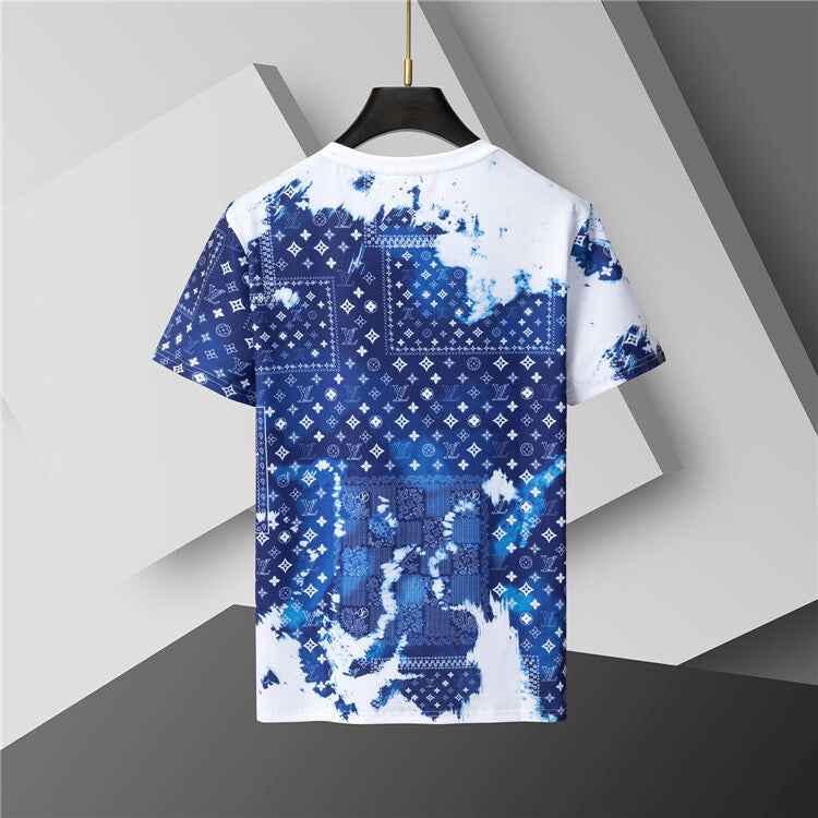 Blue & White Monogram Gradient Cotton Jersey Tee — Fading Motif Design - TruVybe Essentials