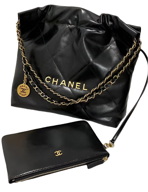 Chanel 22 Small Handbag AS3260 – Black Shiny Crumpled Calfskin with Gold/Silver “CHANEL” Logo