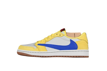 Yellow and blue sneaker with a white sole on a white background
