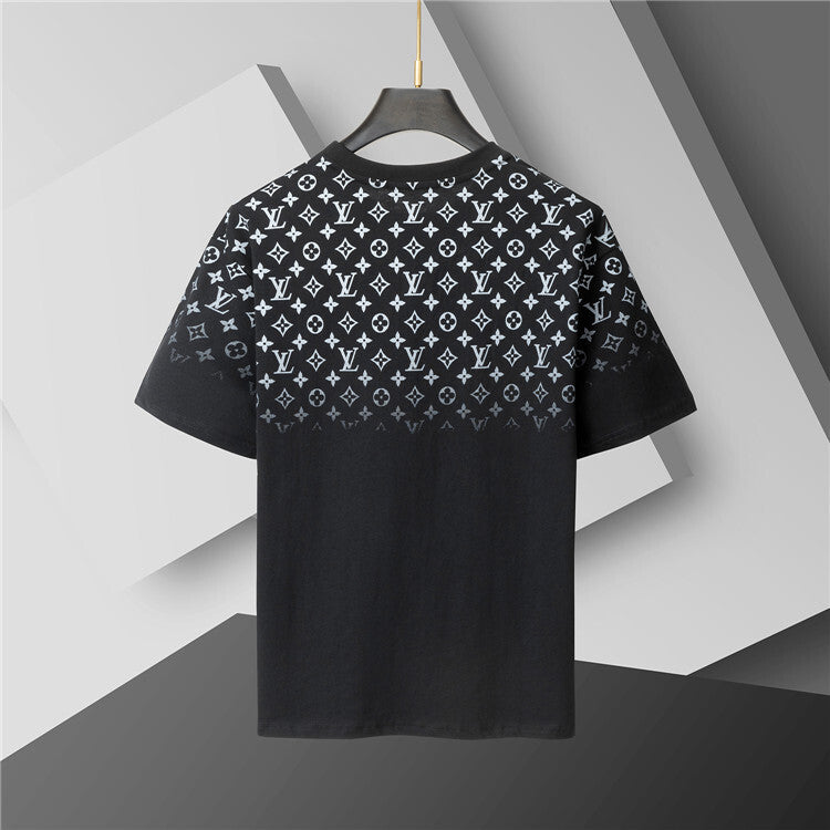 Black t-shirt with white pattern on a gray background