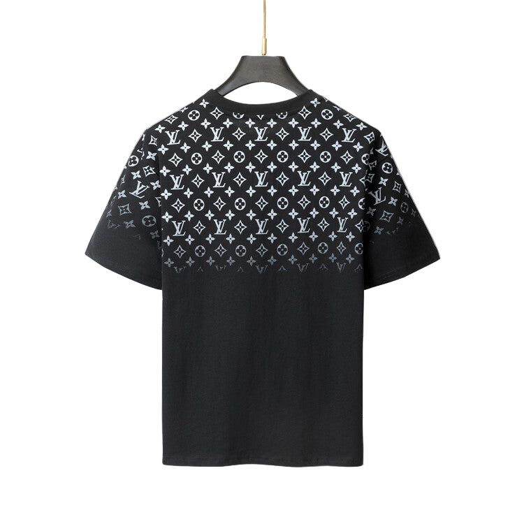 Black t-shirt with white pattern on a gray background