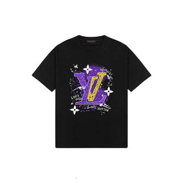 Black t-shirt with graphic on a gray background