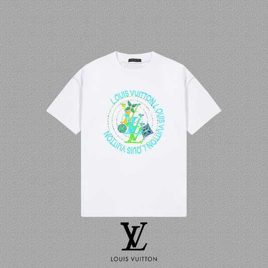 White t-shirt with colorful graphic  on a gray background