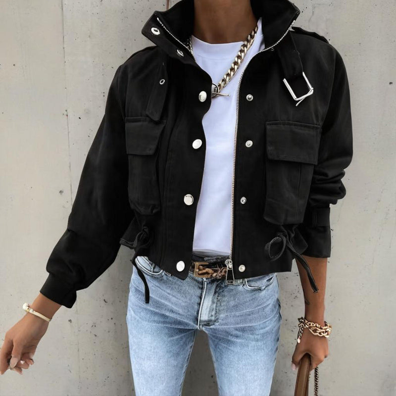 Women’s stand collar drawstring hem jacket