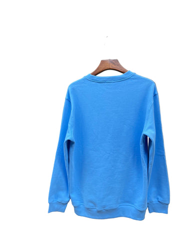 Blue sweatshirt on a hanger in front of Burberry boxes.