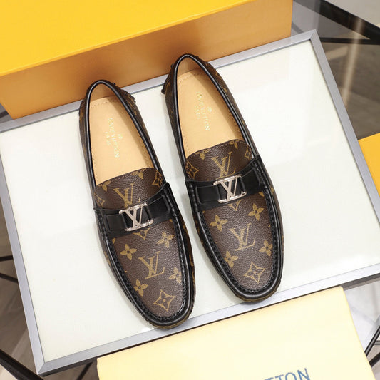 Luxury Monogram Pattern Slip-On Loafers – Metal Accent, Classic Moccasin Design