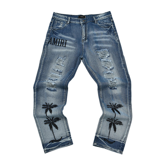 Night Palm Distressed Skinny Jeans – Indigo Faded Denim