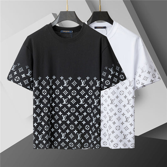 Black and white t-shirts with patterned sleeves on hangers against a gray background