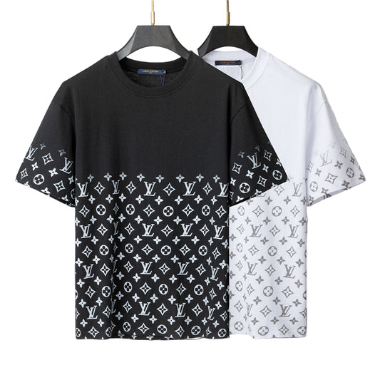 Black and white t-shirts with patterned sleeves on hangers against a gray background