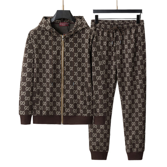 Wool Zip Hoodie – Brown & White Monogram Pattern Edition
