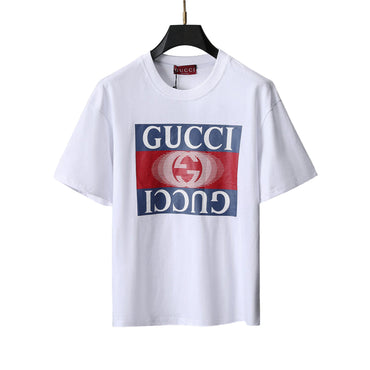 White t-shirt with red and blue logo on a gray background