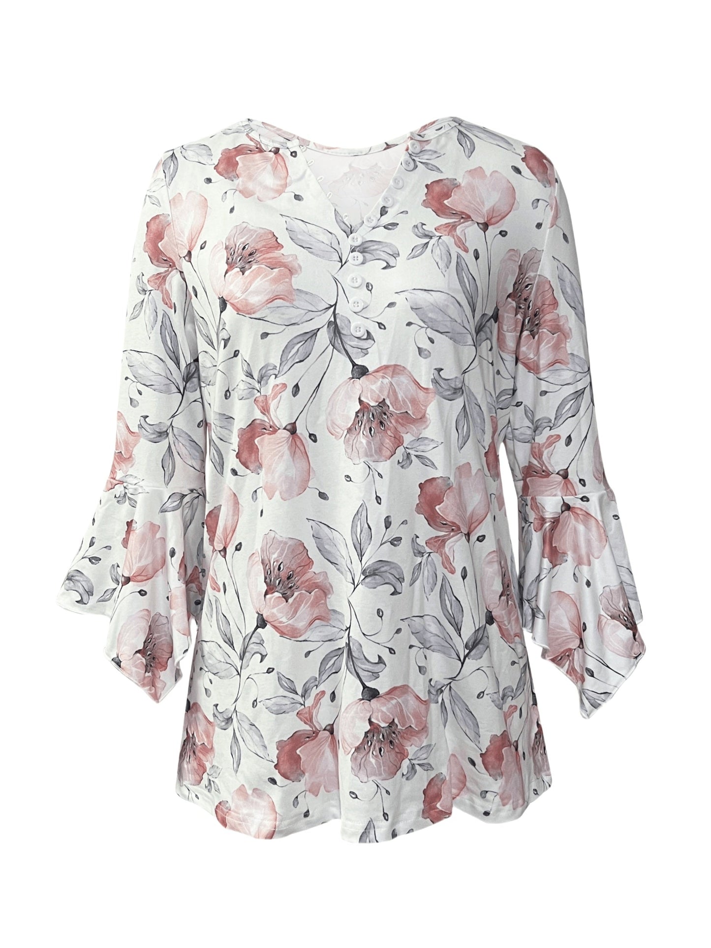 Women’s Printed Spike Button Three-Quarter Sleeve Casual Top