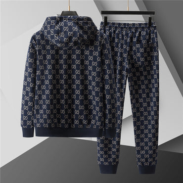 “Black & Beige GG Motif Hooded Zip Jacket with Matching Joggers Style Knit Set”