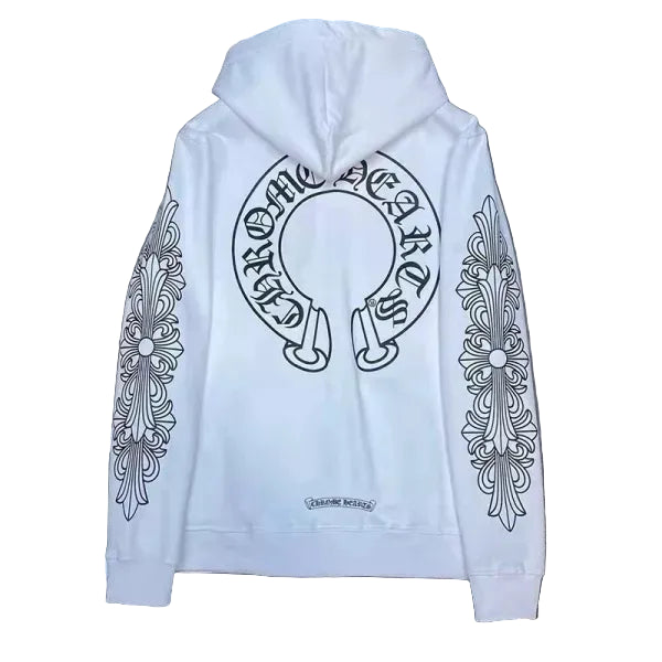 Black & White Graphic Zip-Up Hoodie – Horseshoe Sleeve Print