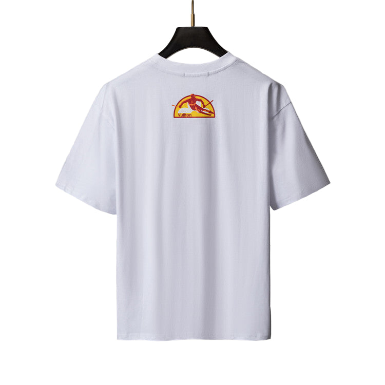 White t-shirt with a colorful graphic on a hanger against a geometric background