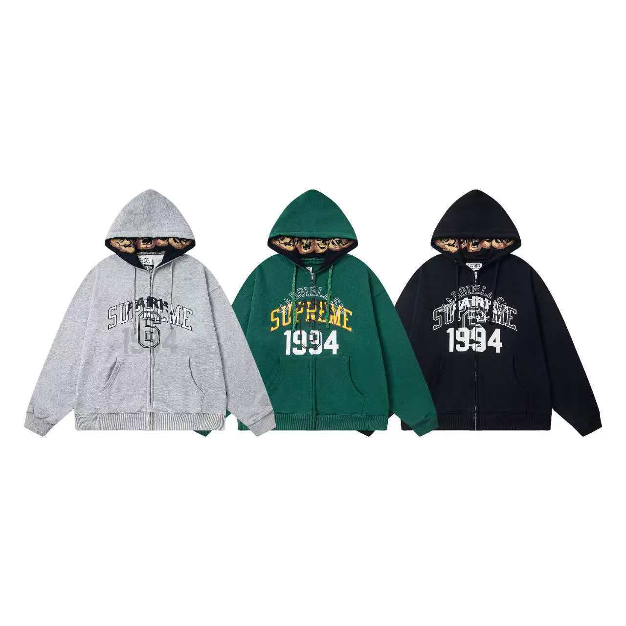 Three hoodies in gray, green, and black with Supreme on a white background