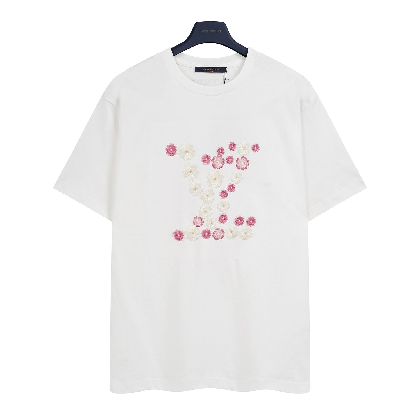 Luxury Embroidered T-Shirt – White Cotton Designer Tee with LV Blossom Motif & Hand-Embroidered Floral Ribbons