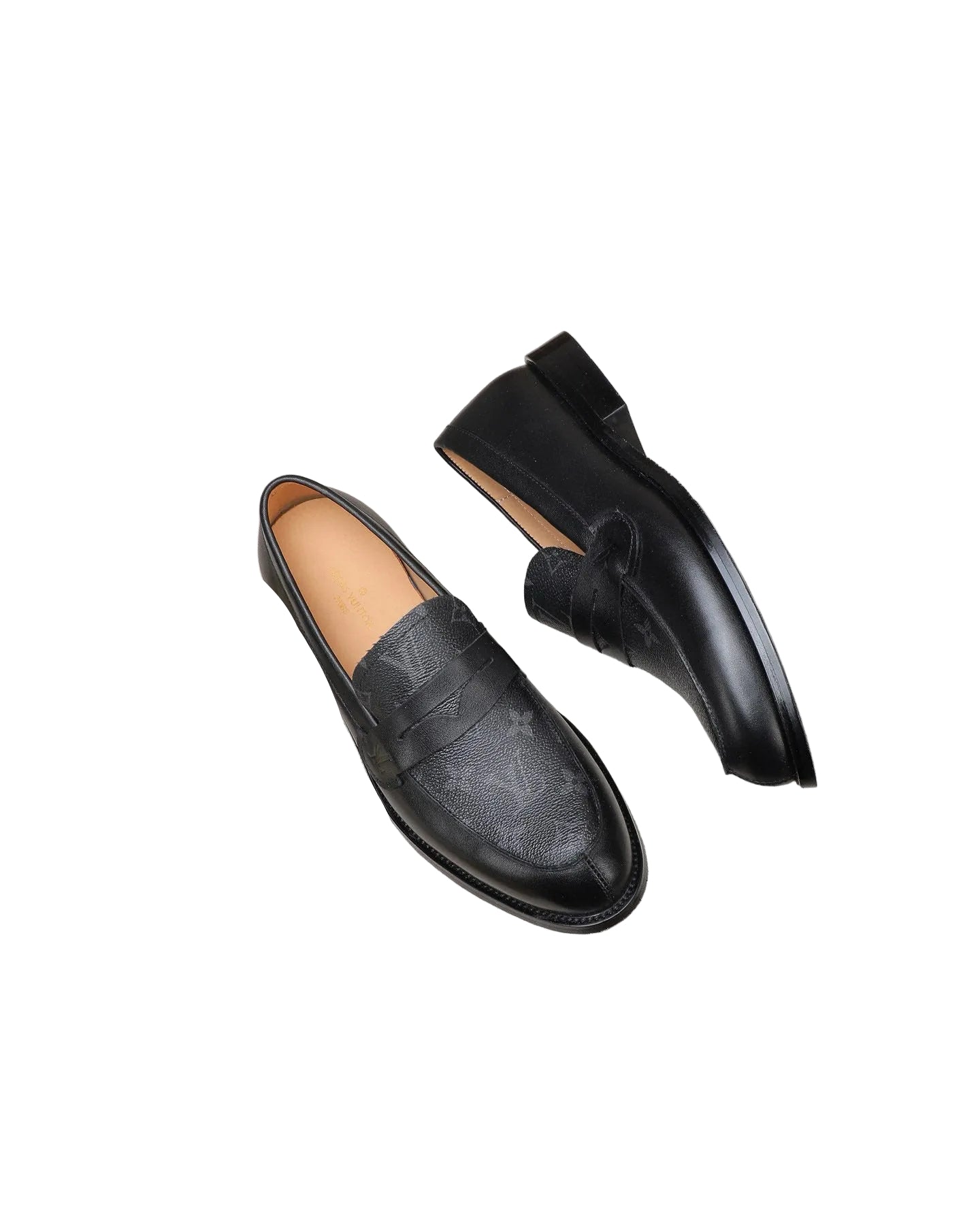 Black Calf Leather Slip-On Loafers with Embossed Monogram Pattern front