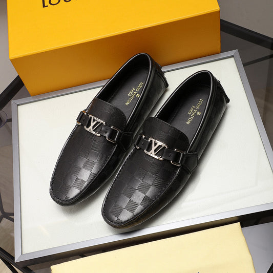 Black Luxury Monogram Pattern Slip-On Loafers – Metal Accent, Classic Moccasin Design