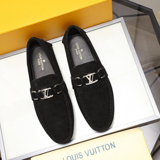 Black Textured Slip-On Loafers – Polished Metal Accent