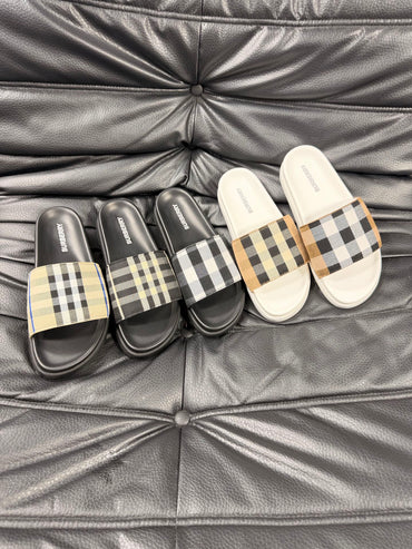 Check Strap Slide Sandals