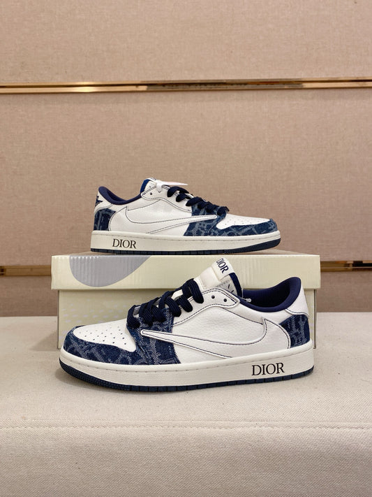 Custom Blue Monogram-Inspired Low-Top Leather Sneakers