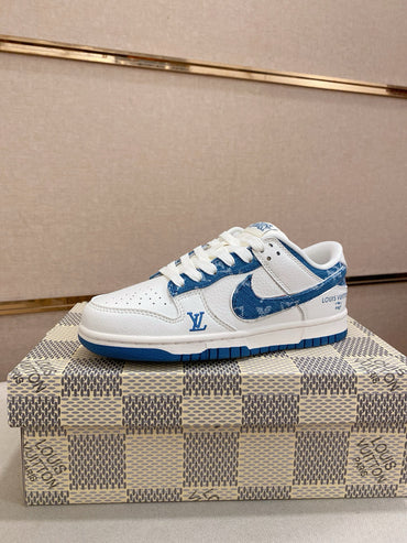Luxury Monogram-Inspired Blue & White Low-Top Leather Sneakers