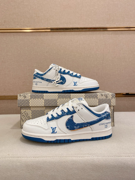 Luxury Monogram-Inspired Blue & White Low-Top Leather Sneakers