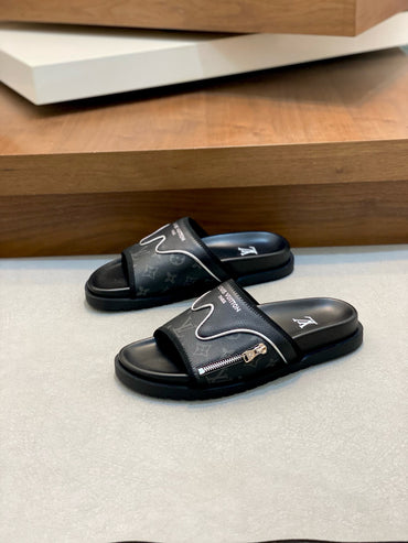 Monogram-Style Slide Sandals – Black on Black Slip-On Casual Slides