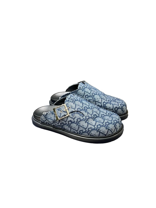 Oblique-Pattern Shearling Slip-On Mules drk blue