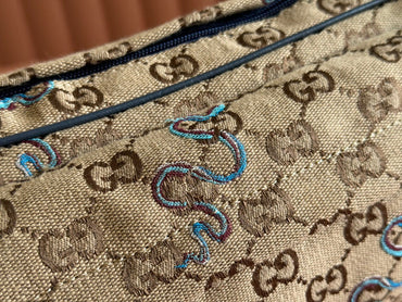 Snake Print Bag Beige mix Blue Canvas