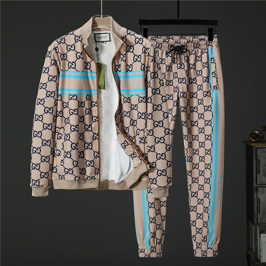Two-Piece Zip-Up Jacket & Jogger Tracksuit – Beige & Blue