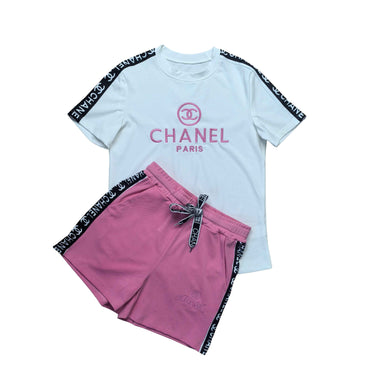 Women's White & Pink Two-Piece Lounge Set – Short Sleeve Tee & Drawstring Shorts